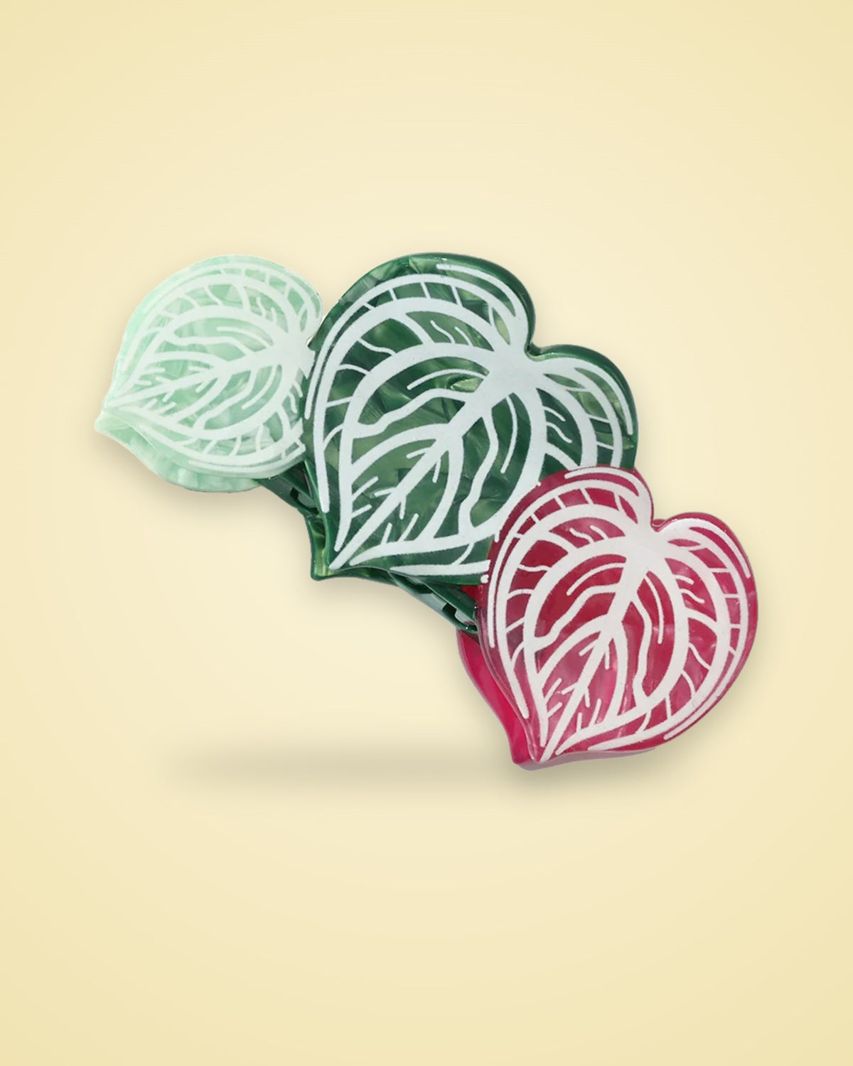 Trio Heartleaf mint, forest green and pink heart leaf acetate claw clip