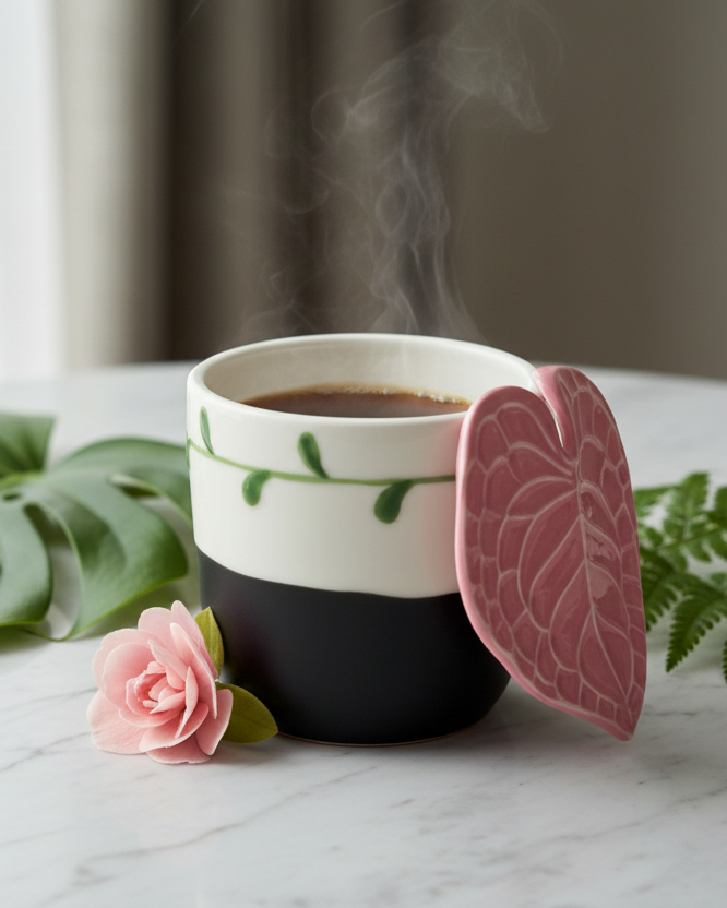 A ceramic coffee mug with a white top half decorated with green vines and a black bottom half, filled with steaming coffee and leaning against a pink heart-shaped coaster on a marble surface.