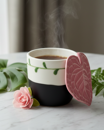 A ceramic coffee mug with a white top half decorated with green vines and a black bottom half, filled with steaming coffee and leaning against a pink heart-shaped coaster on a marble surface.