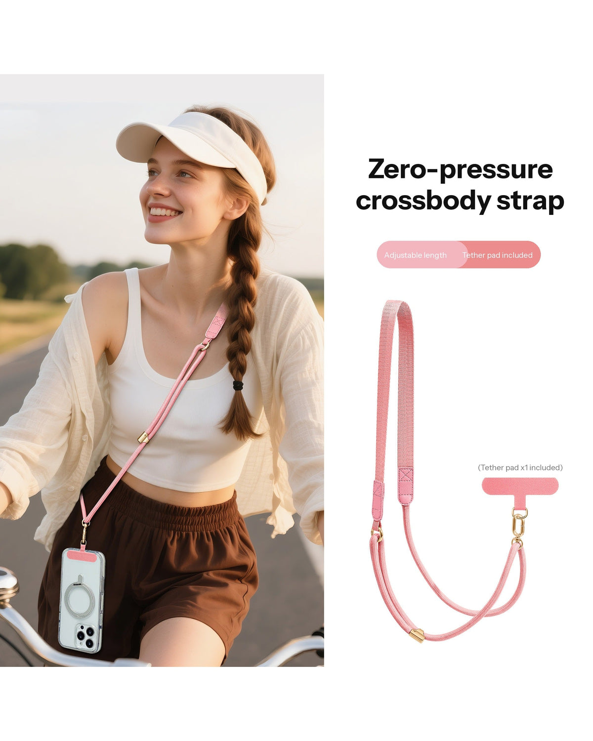 Adjustable Crossbody Phone Strap – 130cm with Flat Shoulder Pad & Tether Tab