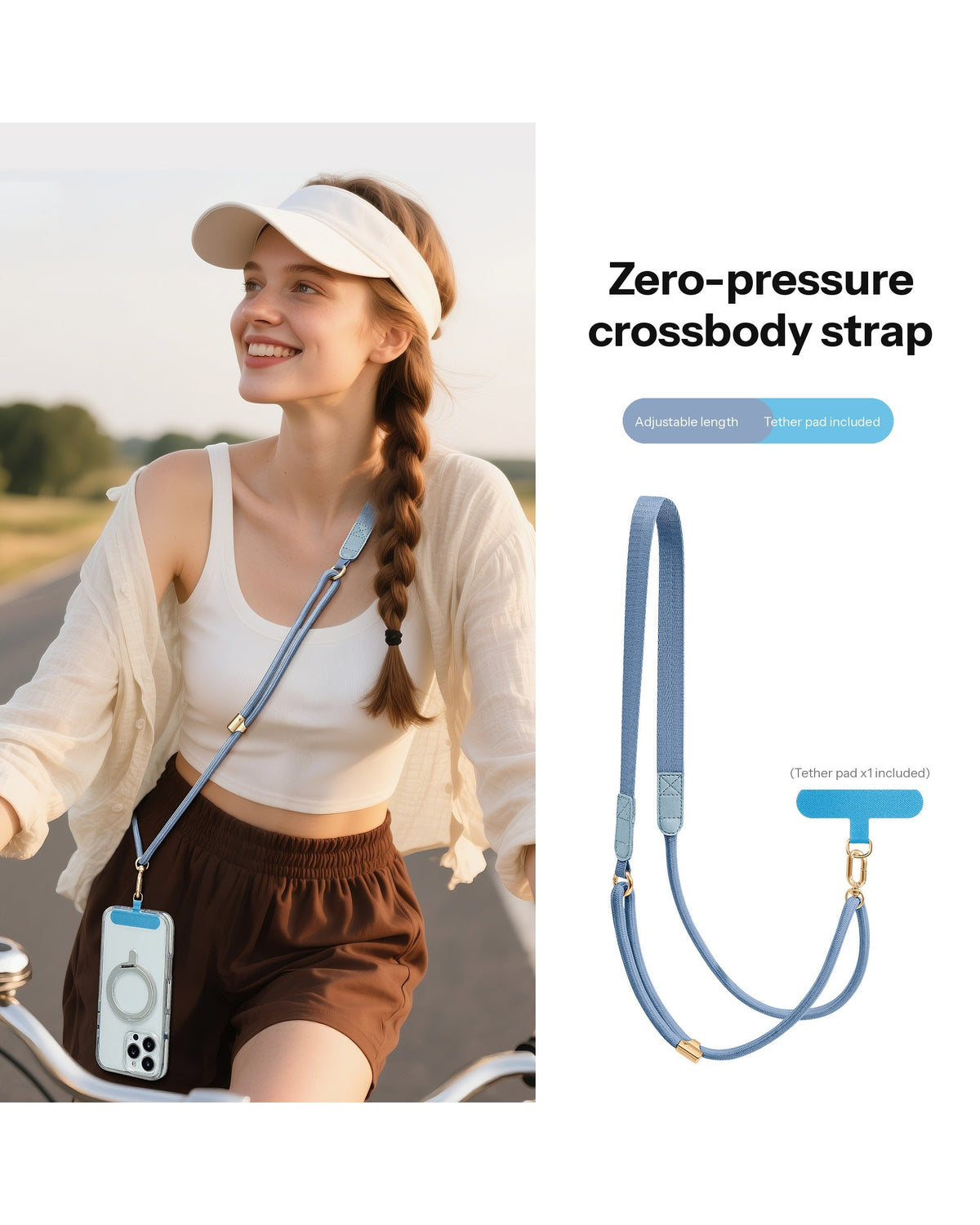 Adjustable Crossbody Phone Strap – 130cm with Flat Shoulder Pad & Tether Tab