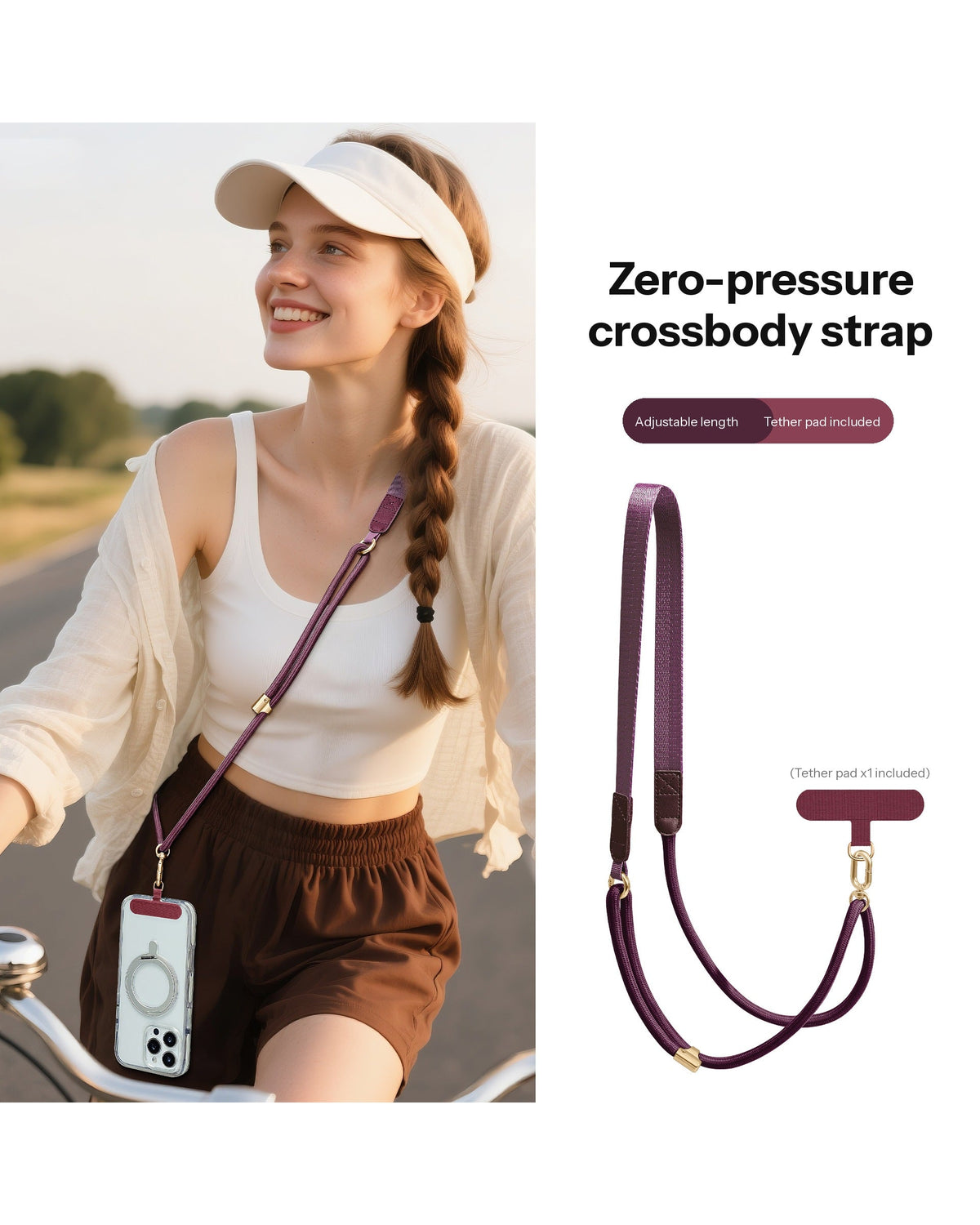 Adjustable Crossbody Phone Strap – 130cm with Flat Shoulder Pad & Tether Tab