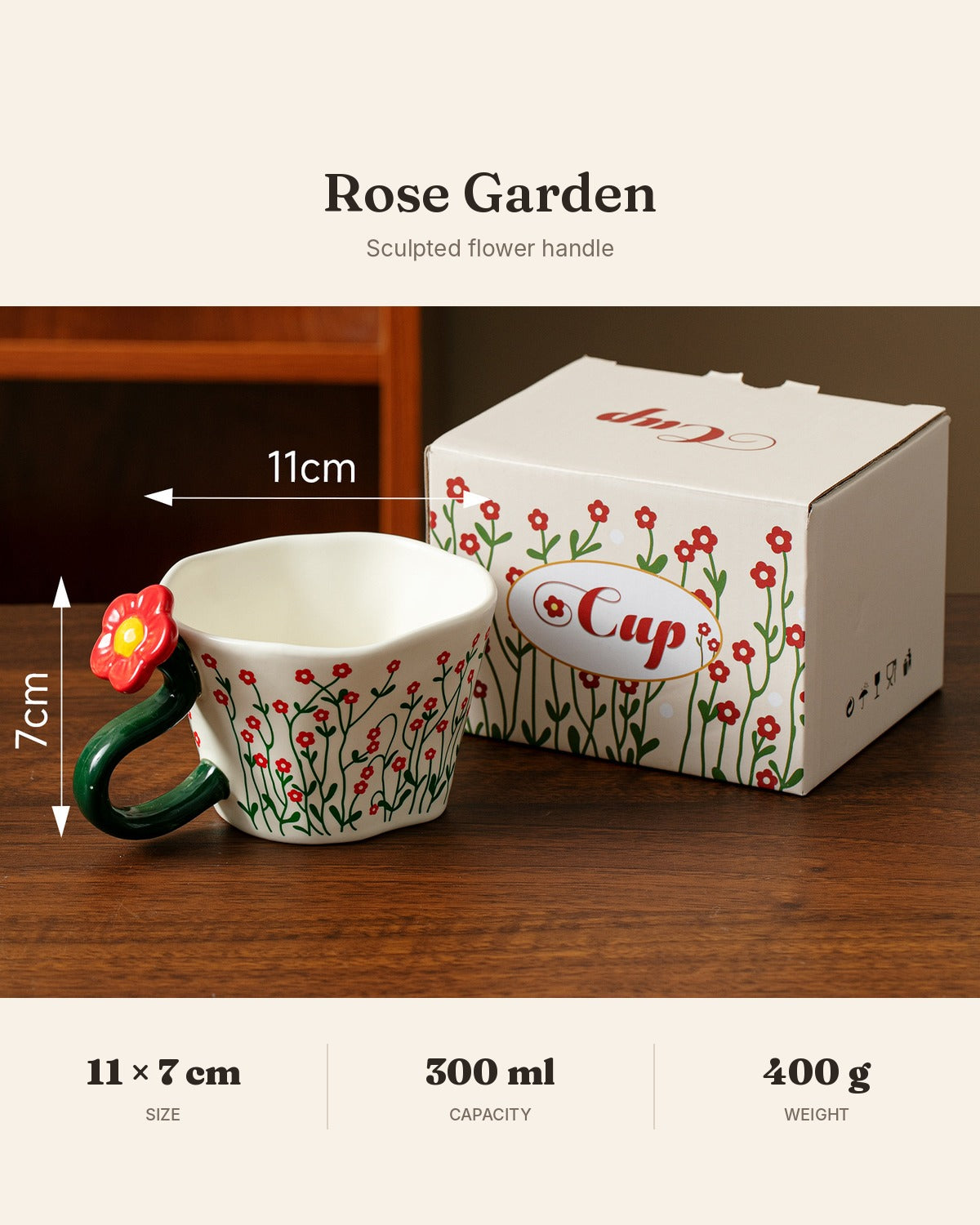 Red Blossom Ceramic Mug with Heart & Flower Handle – 300ml Gift Box