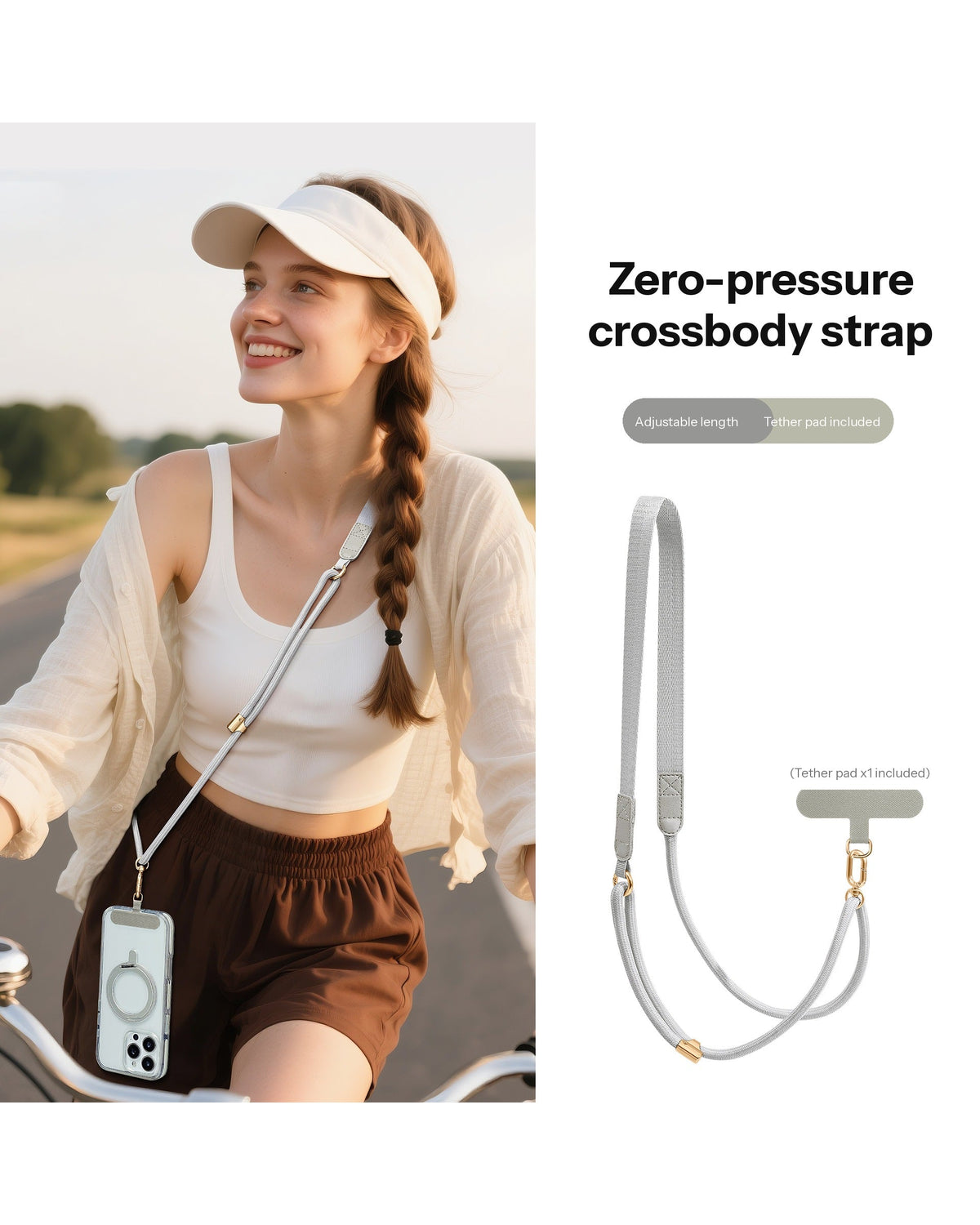 Adjustable Crossbody Phone Strap – 130cm with Flat Shoulder Pad & Tether Tab