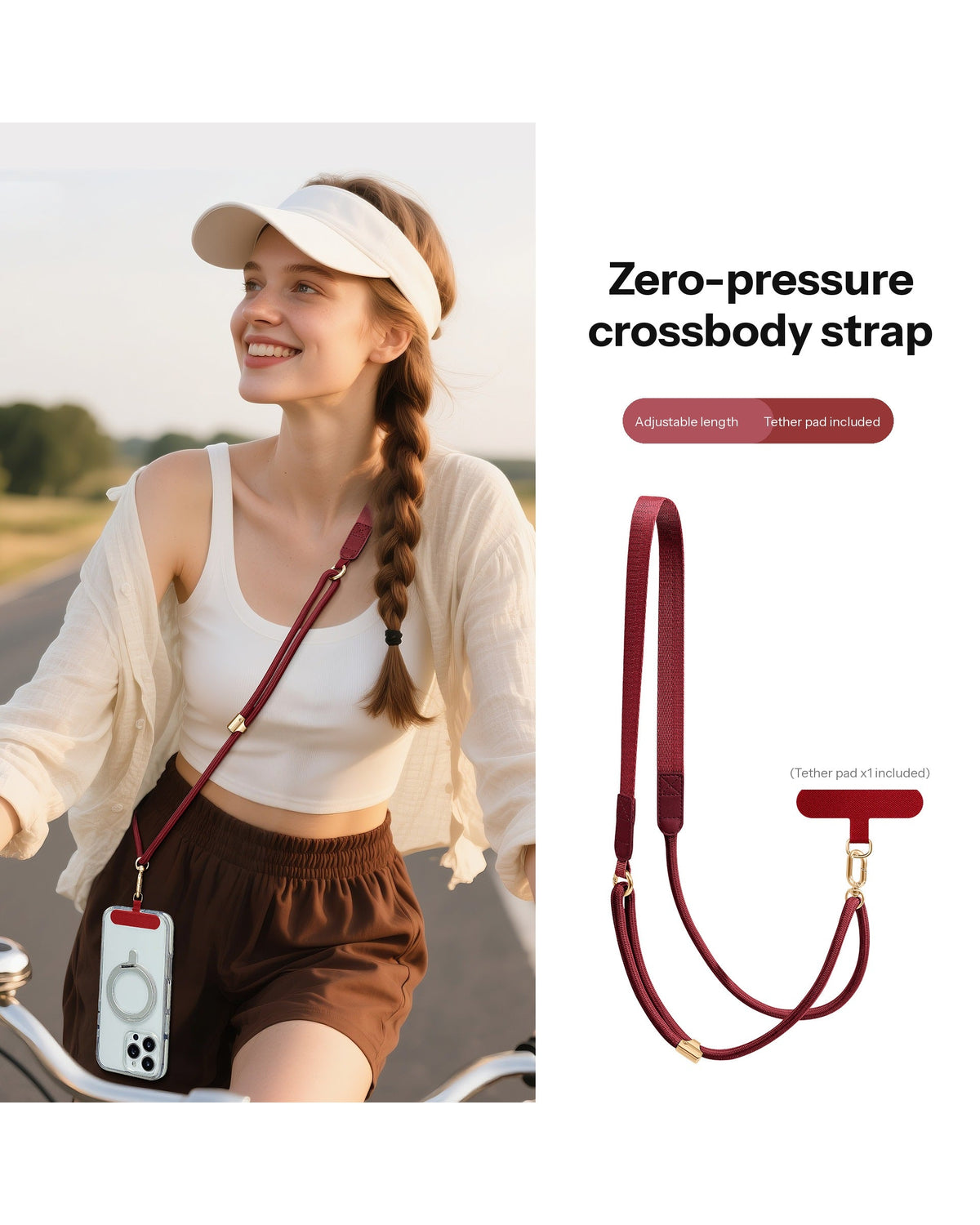 Adjustable Crossbody Phone Strap – 130cm with Flat Shoulder Pad & Tether Tab