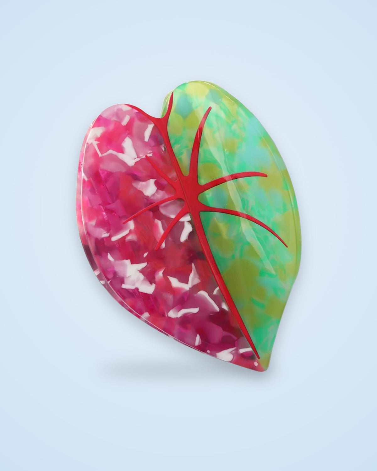 Watermelon Heart pink and green heart-shaped leaf acetate claw clip with red veins