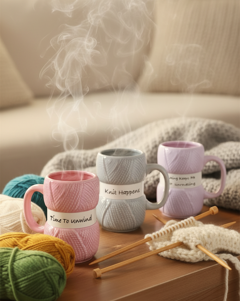 Three yarn-textured mugs in pink, gray, and lavender sit on a wooden table with knitting needles, yarn balls, and a knitted cloth, with steam rising above in a cozy living room setting.
