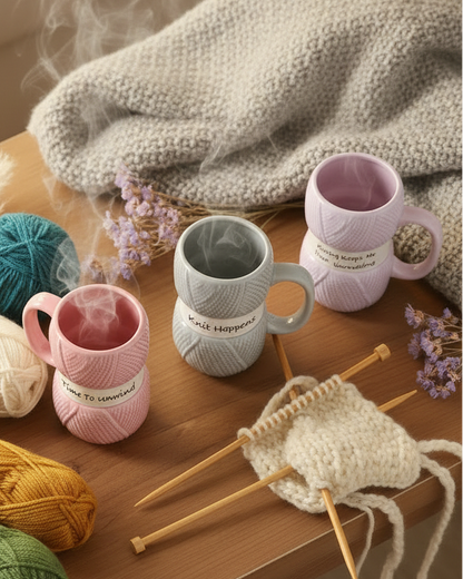 Four textured ceramic mugs in pink, blue-gray, purple, and white are arranged on a wooden table with knitting yarn, wooden knitting needles, a knitted swatch, and a cozy knitted blanket in a warm, cozy setting.