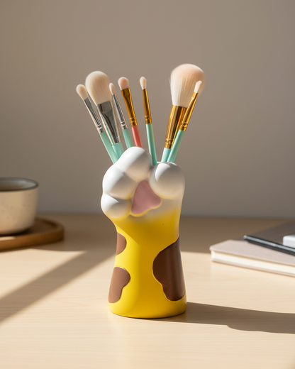 Yellow Cow-Print Cat Paw Vase – Brush Holder Lifestyle Shot